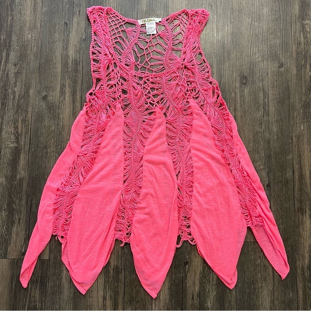Rima Cover Up Swim Bathing Suit Pink Crochet Scallop Dress Stretch Beach Pool L